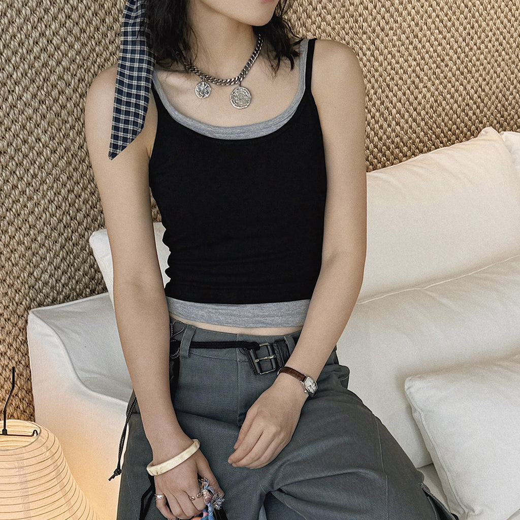 layered tank top slim fit stretchy camisole contrast trim sleeveless top