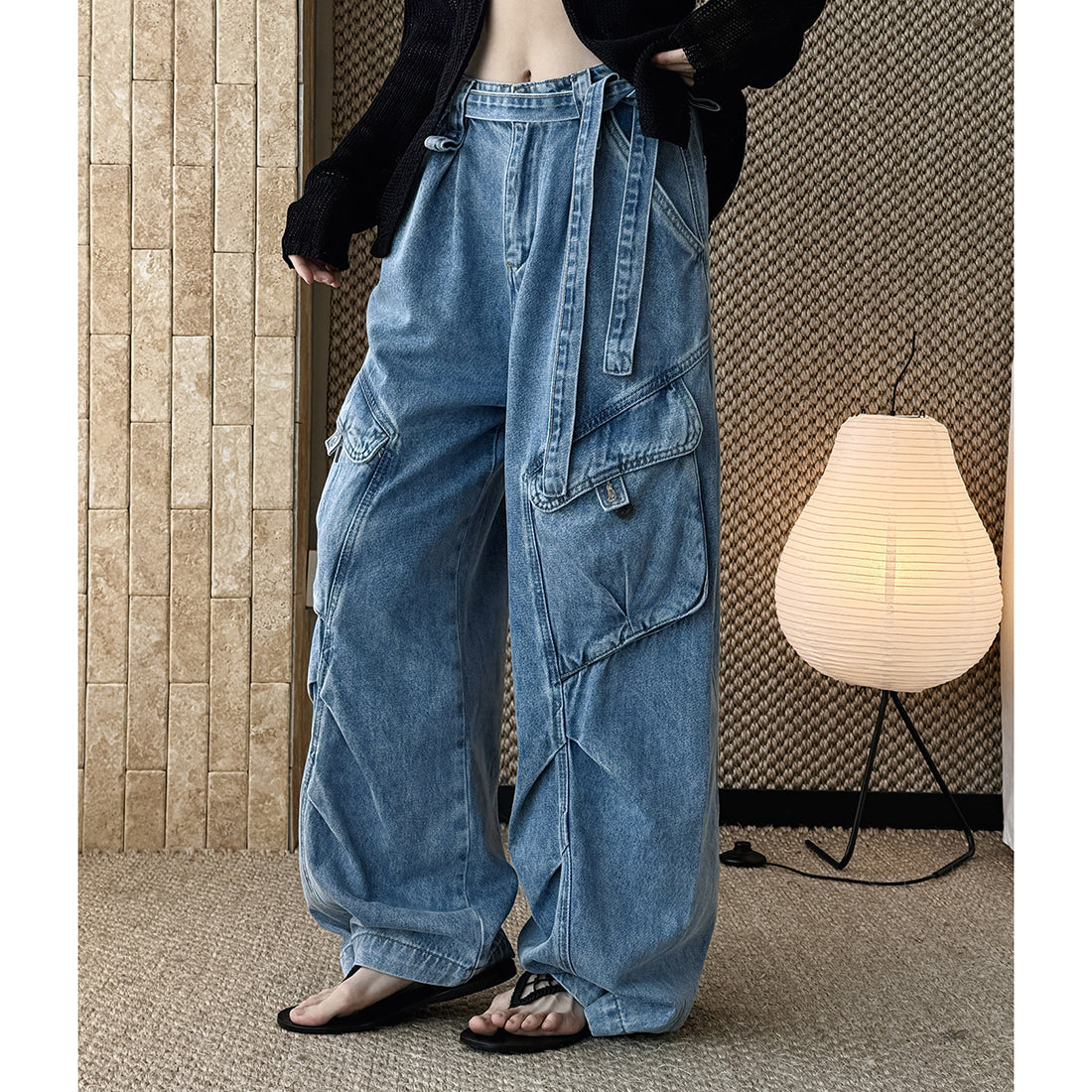 High-Waist Wide-Leg Denim Pants with Utility Pockets