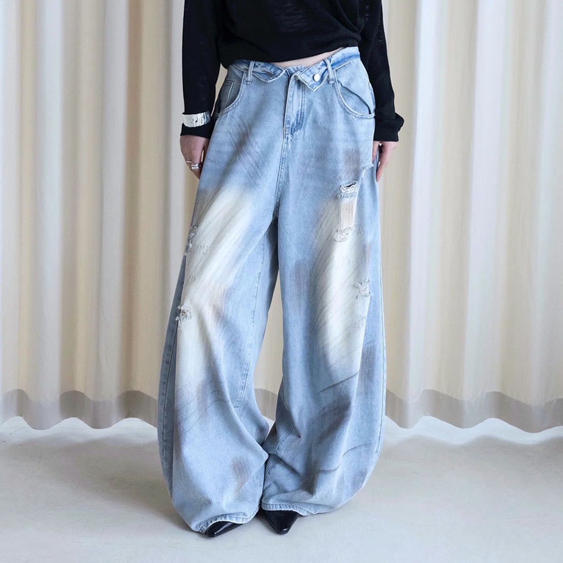 American retro ripped wide leg jeans