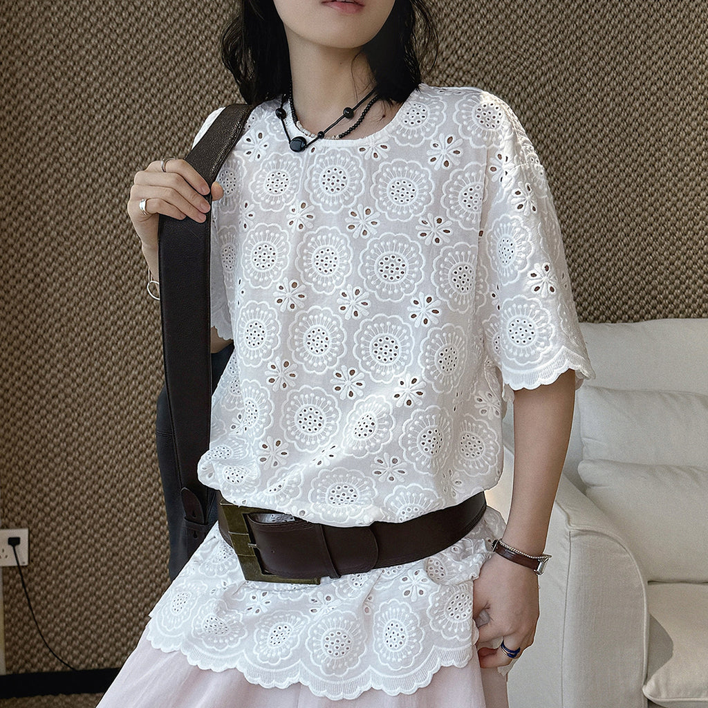 embroidered eyelet blouse loose fit cotton short sleeve lace top hollow out shirt