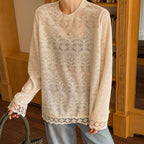 Round neck lace knitted hollow out long sleeved top