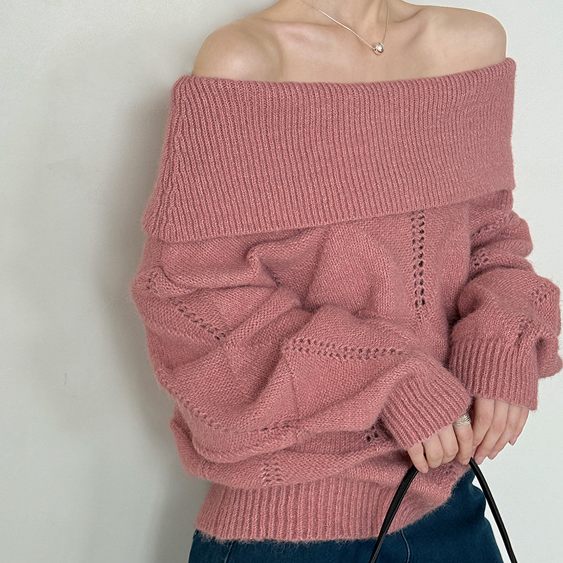 off shoulder lapel knitted loose top sweater