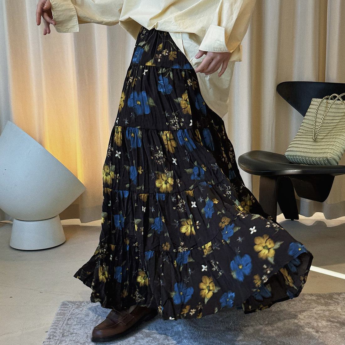 Retro elastic waist printed pleated A-line maxi skirt