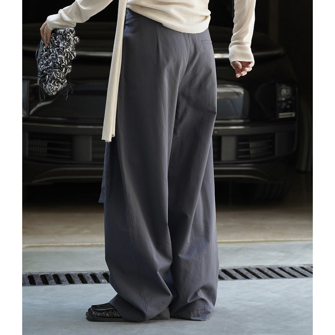 Retro slanted placket belt strap casual loose slimming pants