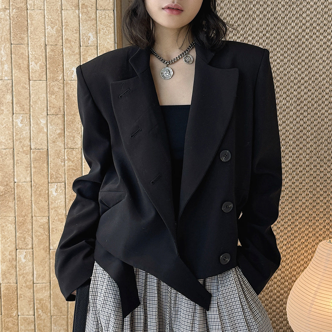 Stand collar cropped structured blazer jacket