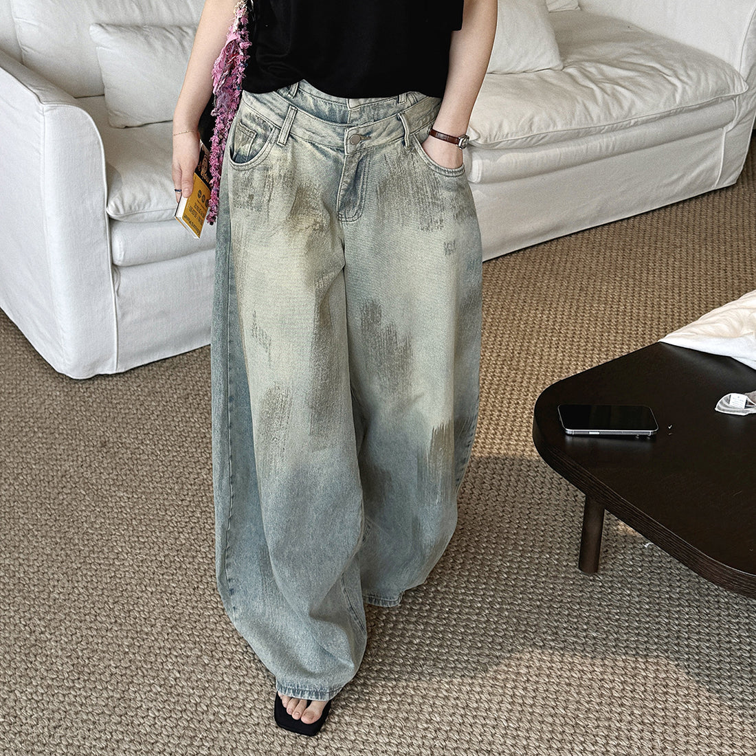 Women’s Double Waist Washed Wide Leg Denim Pants
