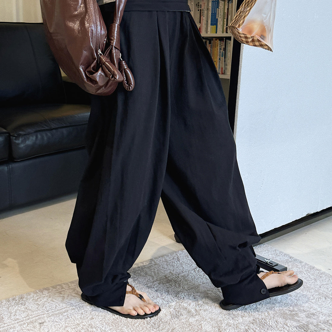 Loose fit high waist draped cuffed pants