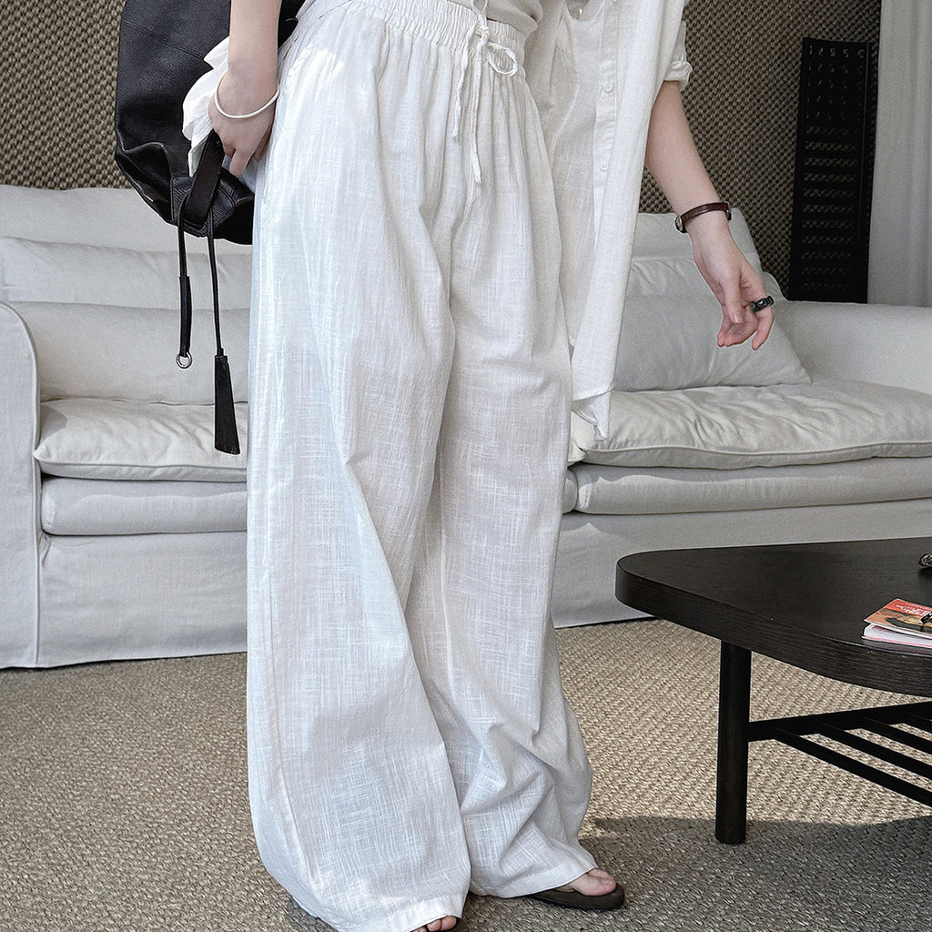 High Waist Cotton Linen Wide Leg Pants with Drawstring