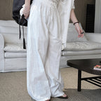 High Waist Cotton Linen Wide Leg Pants with Drawstring