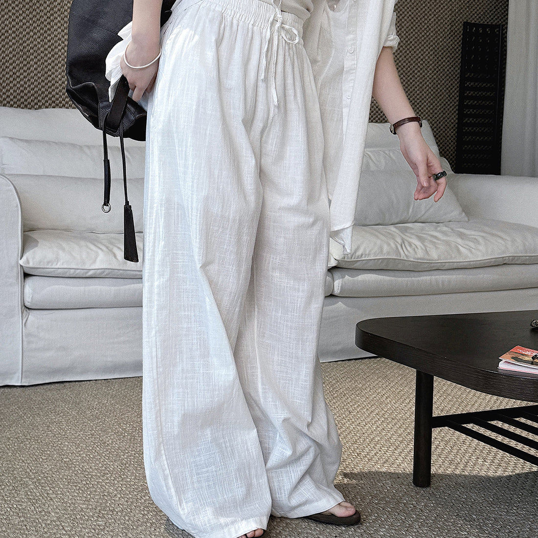 High Waist Cotton Linen Wide Leg Pants with Drawstring