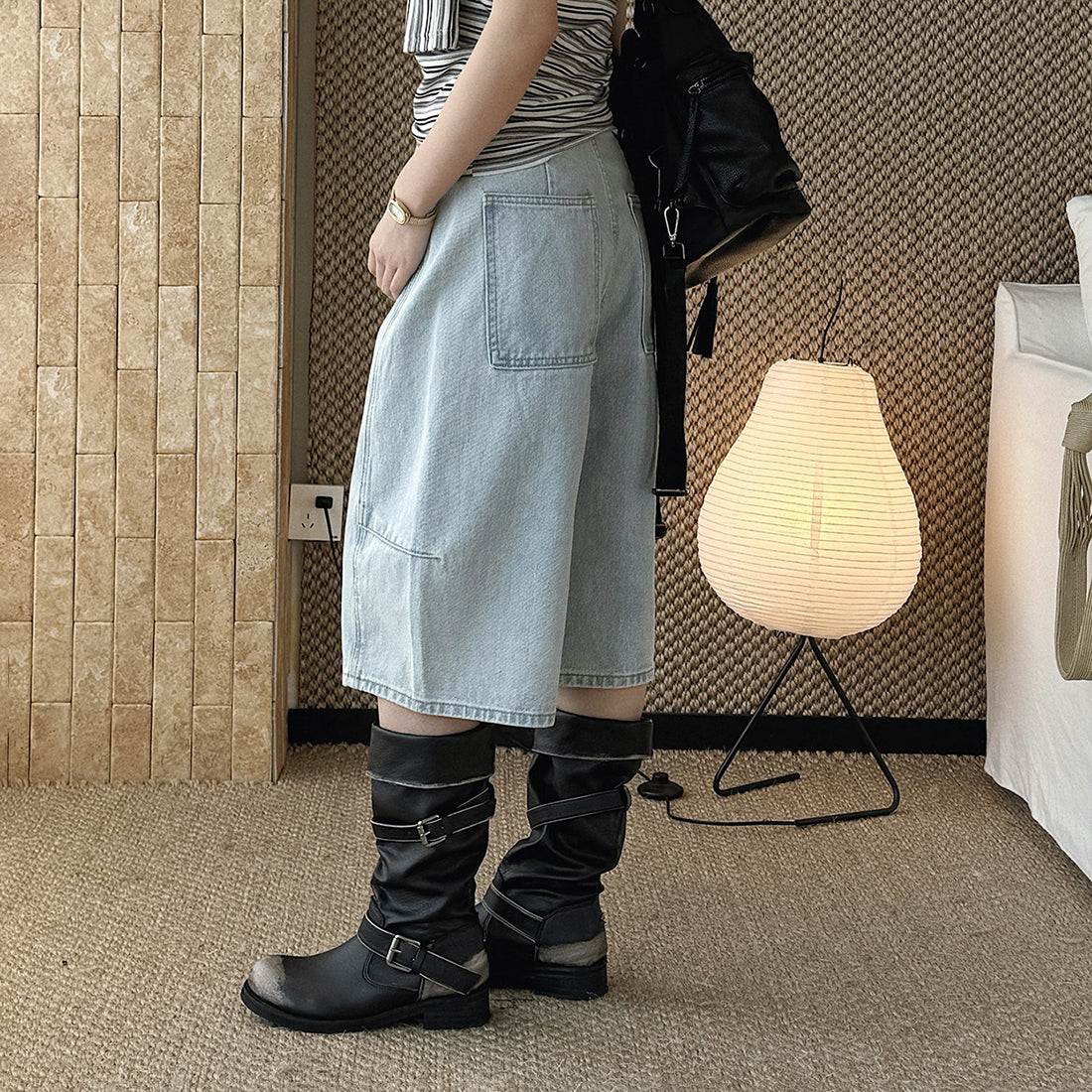 High Waist Cotton Denim Bermuda Shorts Loose Fit Wide Leg Casual Vintage Jeans