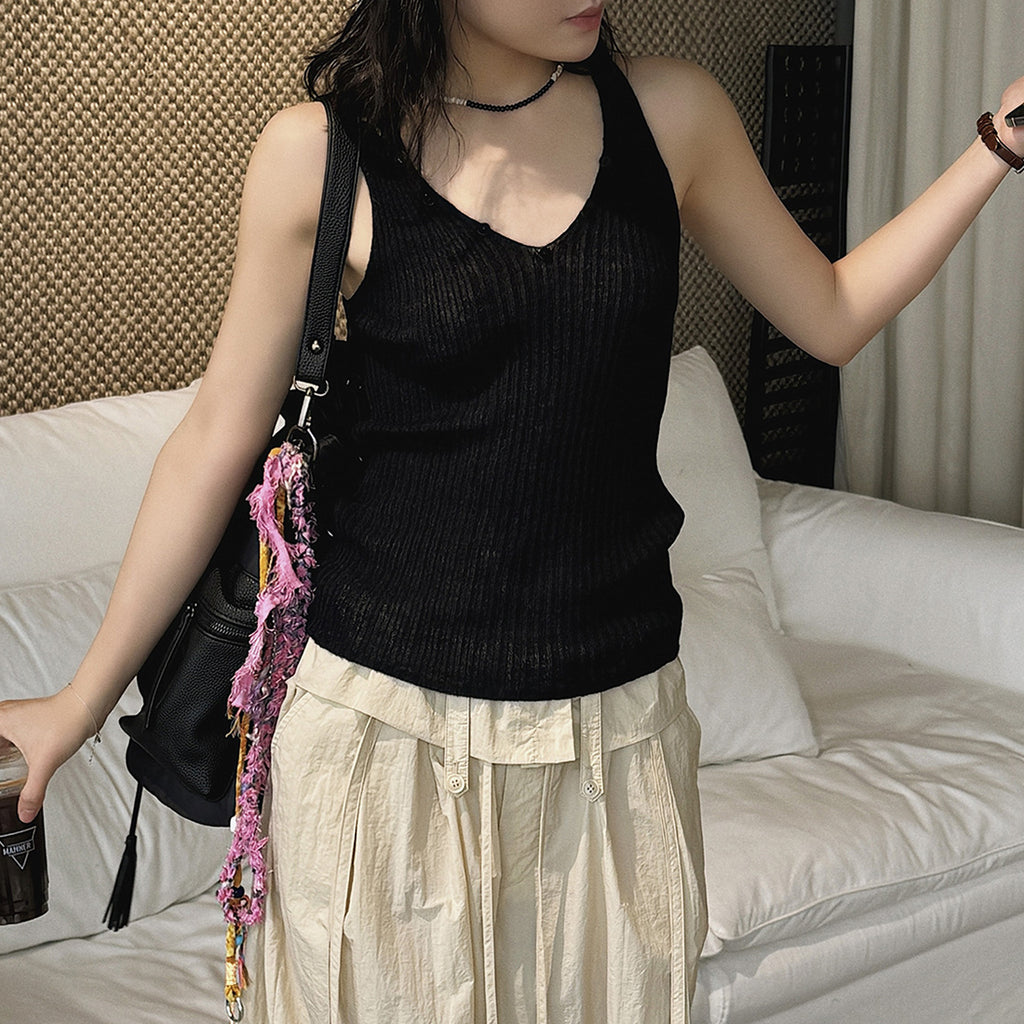 V-Neck Ribbed Knit Tank Top with Button Detail