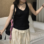V-Neck Ribbed Knit Tank Top with Button Detail