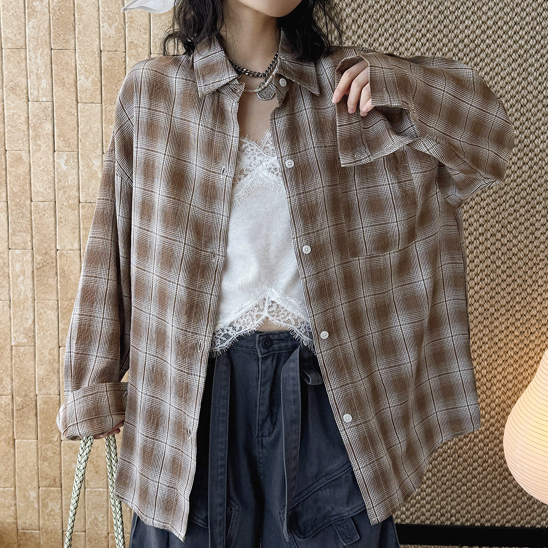 Vintage plaid cotton shirt loose long sleeve casual button down blouse