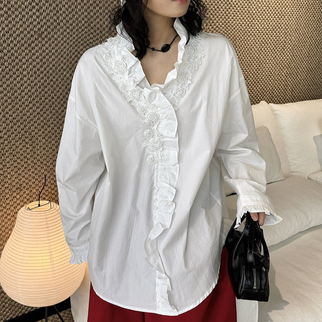 Loose nail bead rose border patchwork shirt
