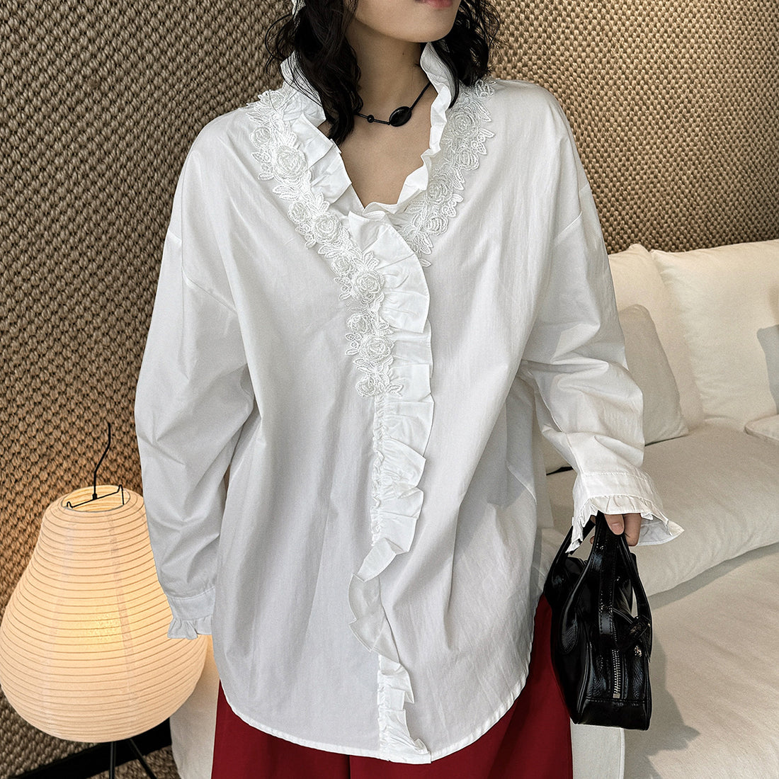 Loose nail bead rose border patchwork shirt