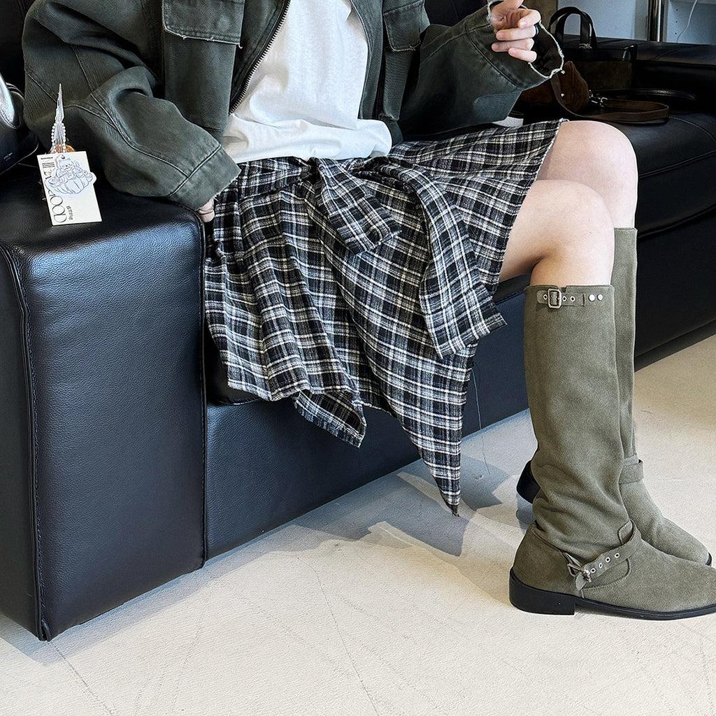 Retro contrasting plaid irregular skirt half length skirt
