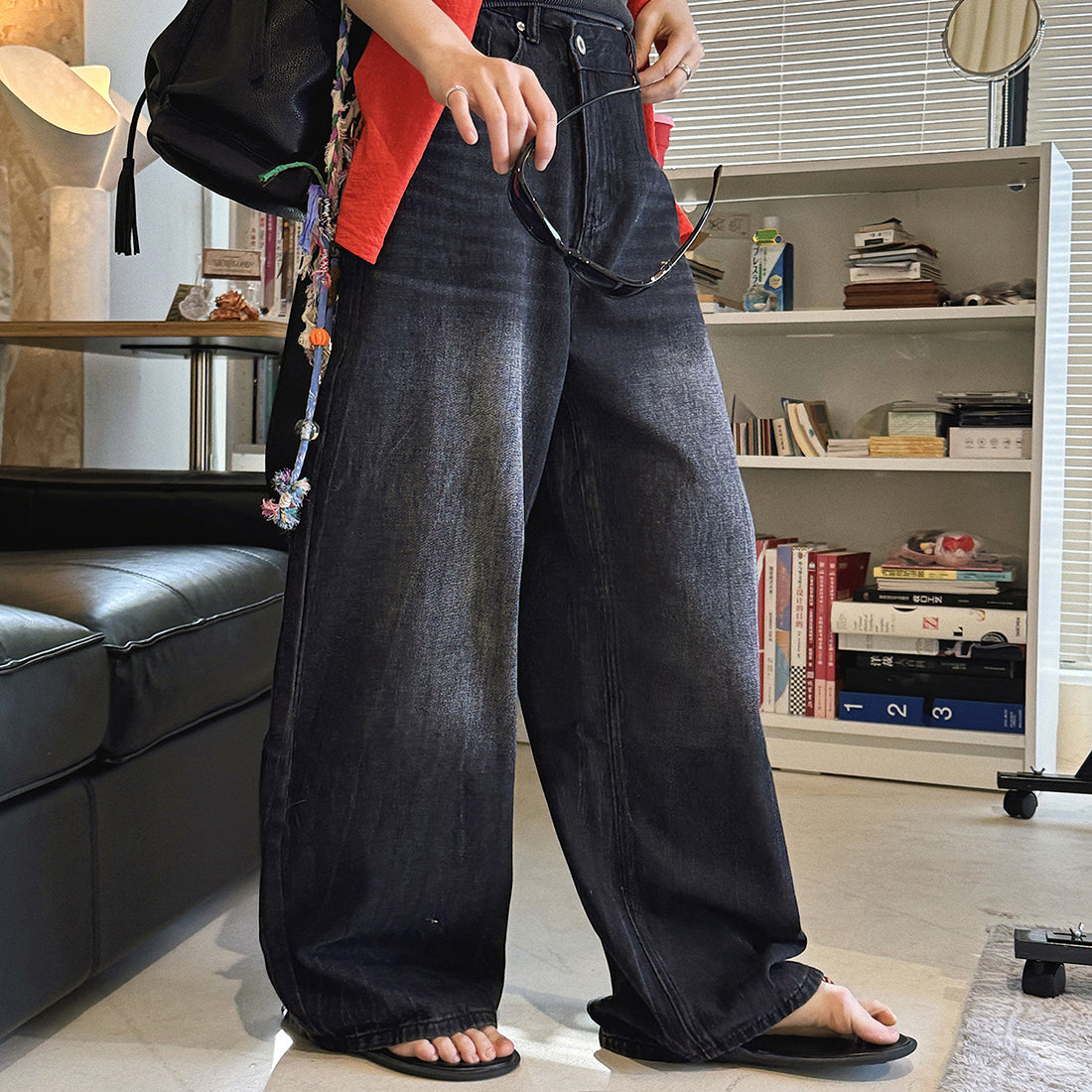 High waist denim jeans, wide leg loose fit, vintage wash