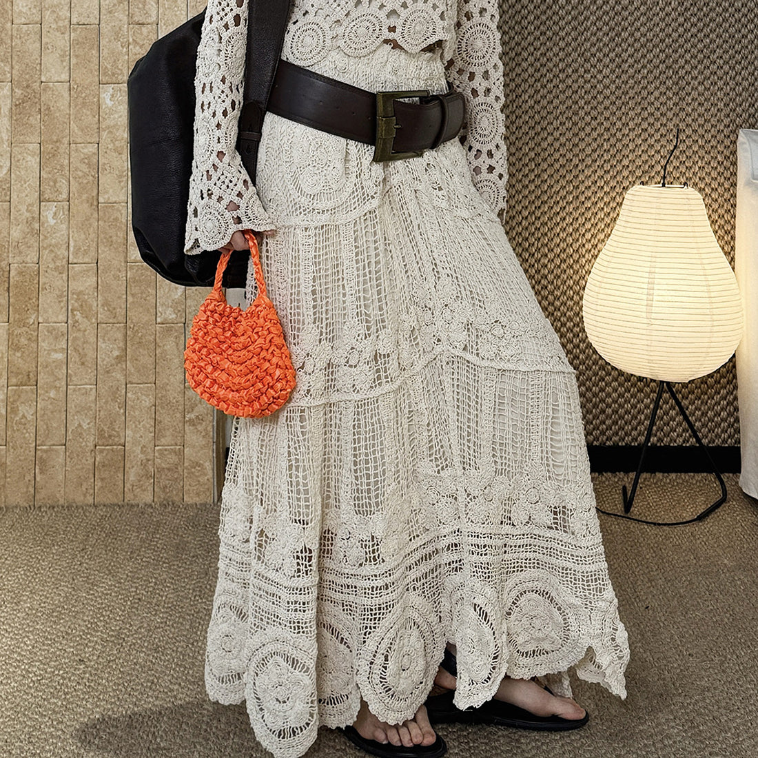 Bohemian hollow knitted half body A-line maxi skirt