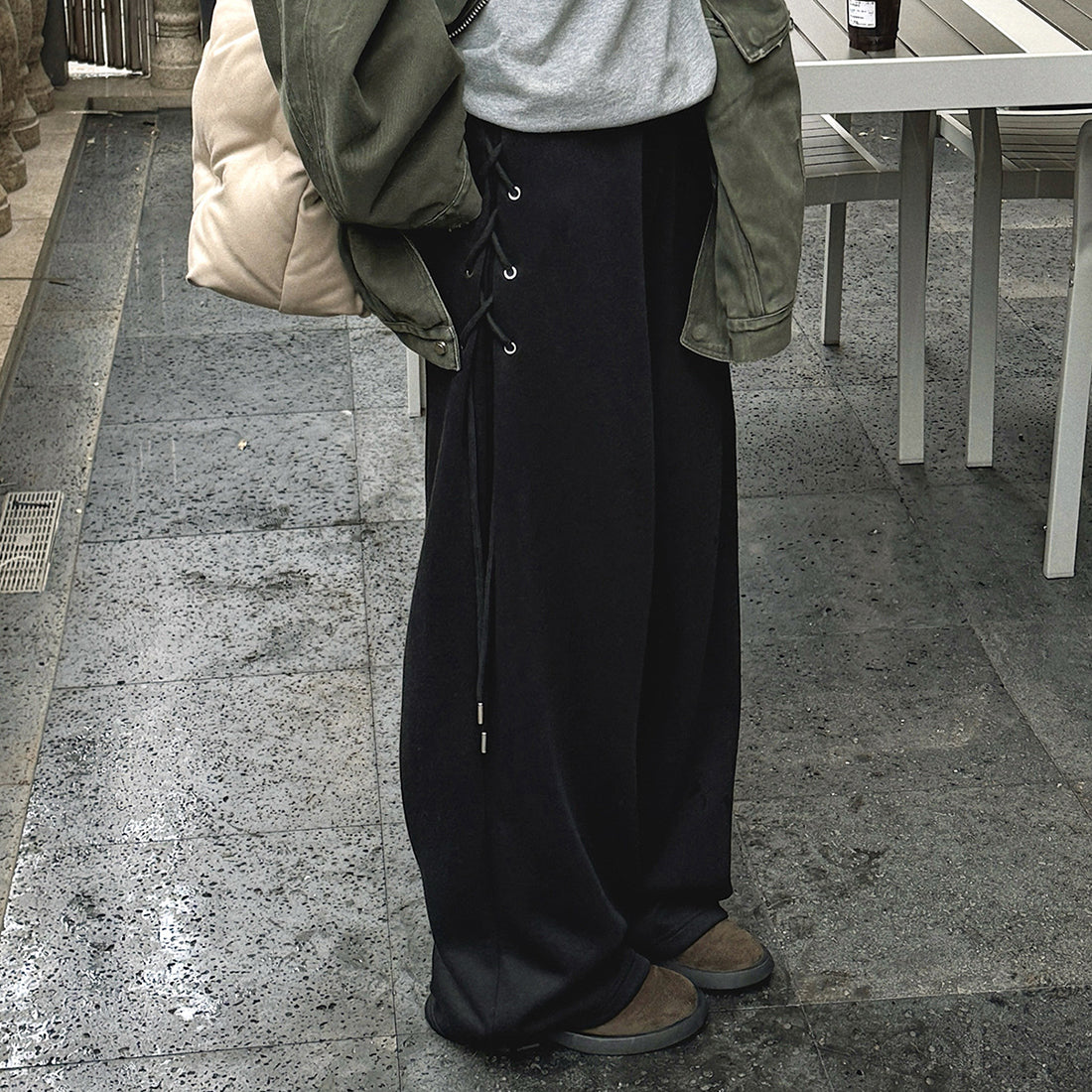 Elastic high waisted side straps and loose wide leg pants