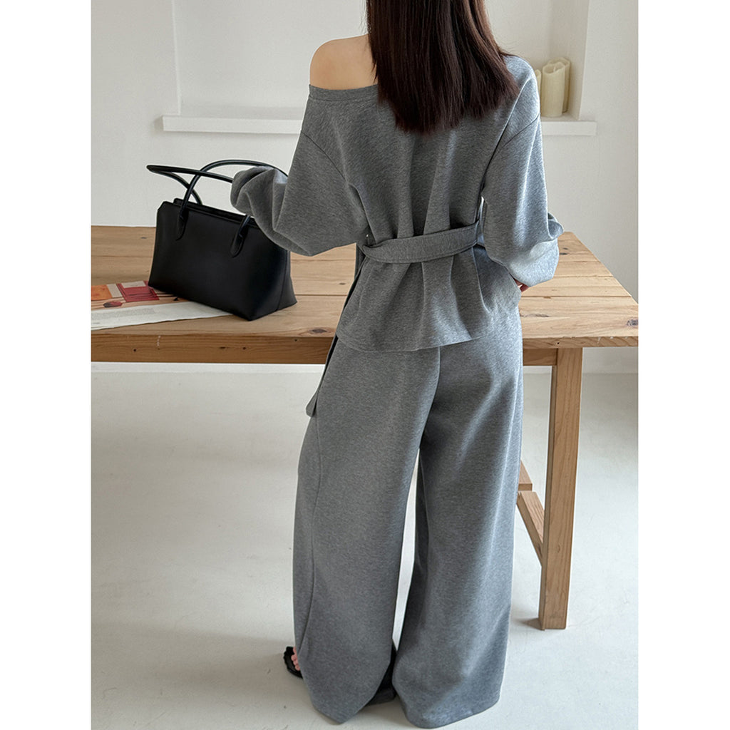 Off shoulder lounge set women loose fit wide leg pants two piece outfit