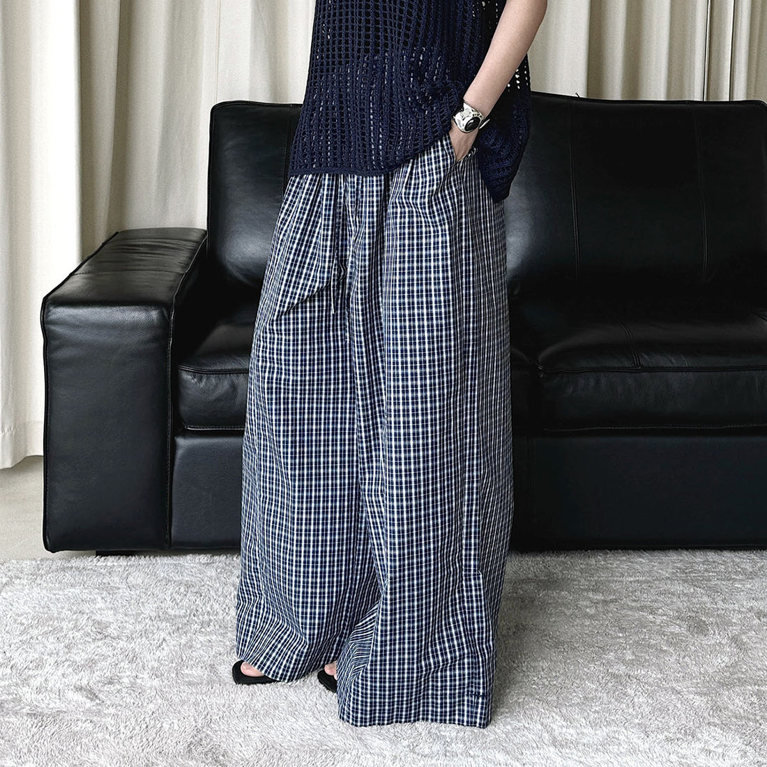 Color blocking plaid splicing casual elastic drawstring pants