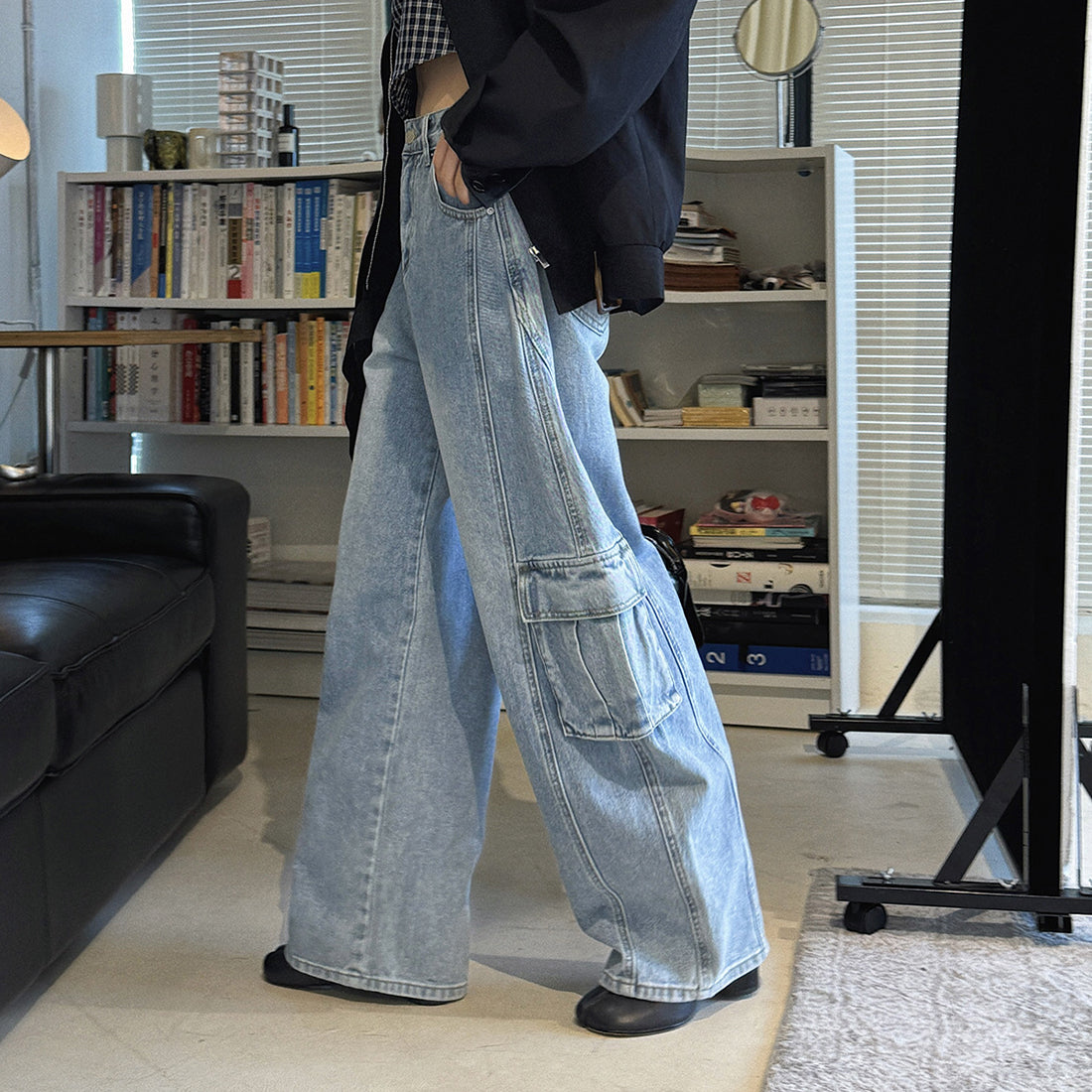 High waist vintage wash cargo wide leg jeans with utility pockets