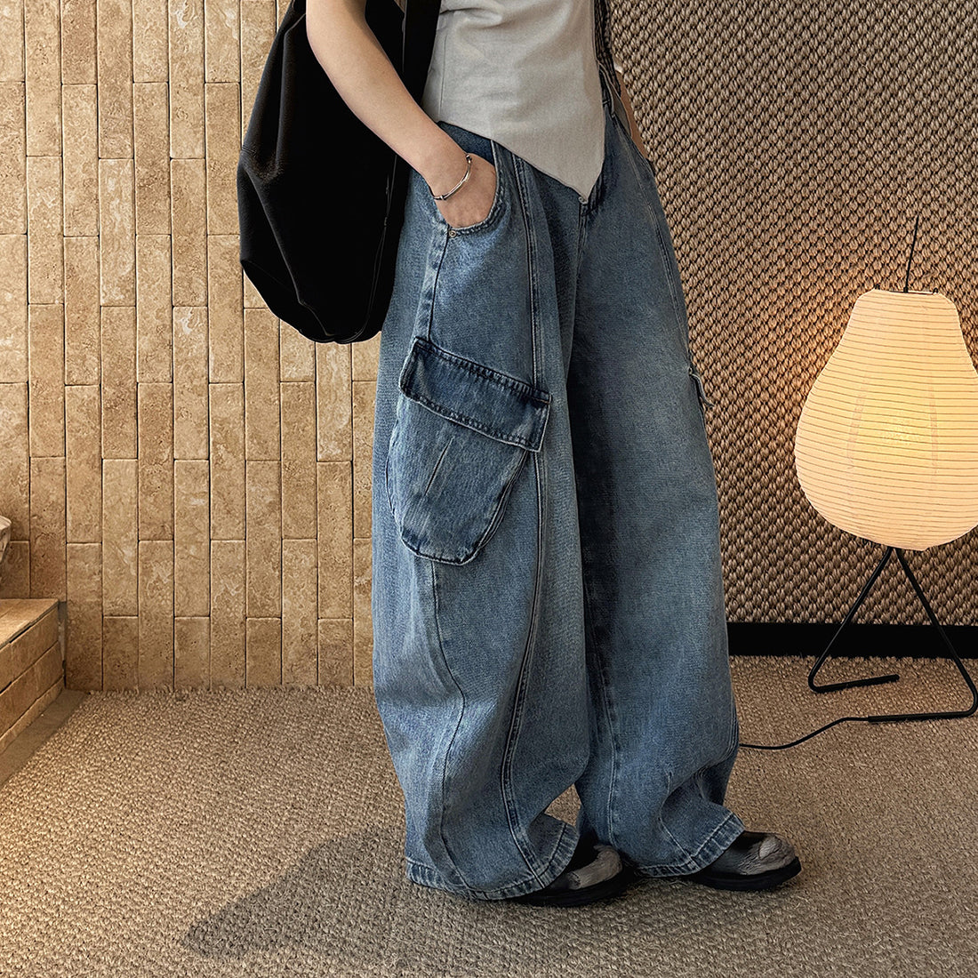 American style spliced large pocket loose wide leg jeans