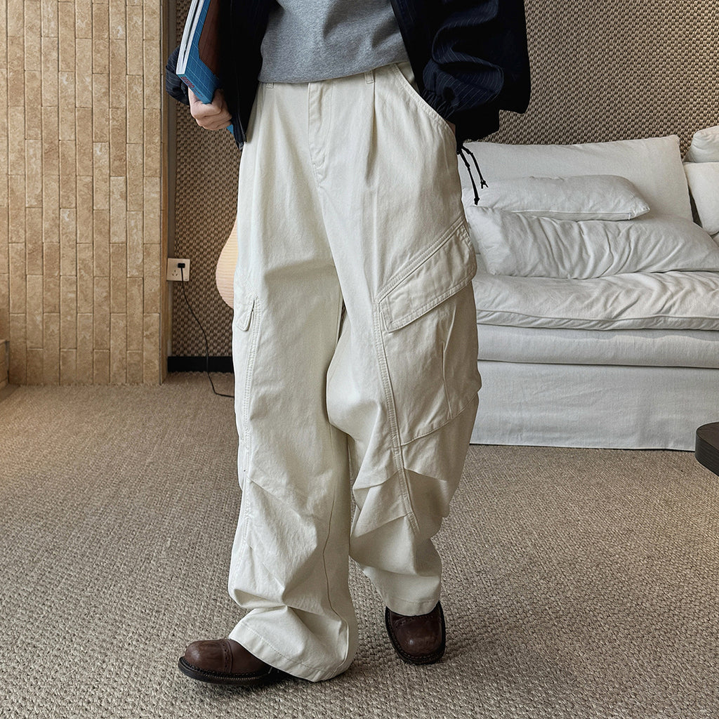 Pleated straight leg large pocket loose denim cargo pants