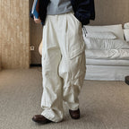 Pleated straight leg large pocket loose denim cargo pants