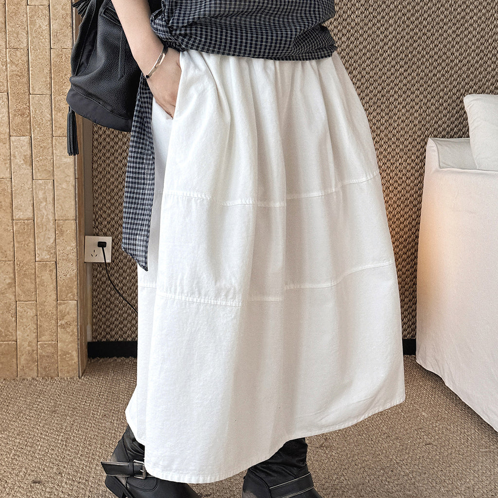 long skirt high waist elastic waist cotton a line midi skirt loose casual solid color skirt