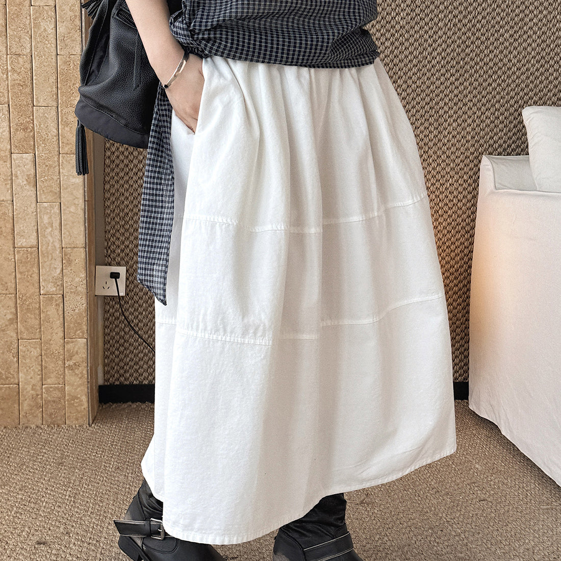 long skirt high waist elastic waist cotton a line midi skirt loose casual solid color skirt
