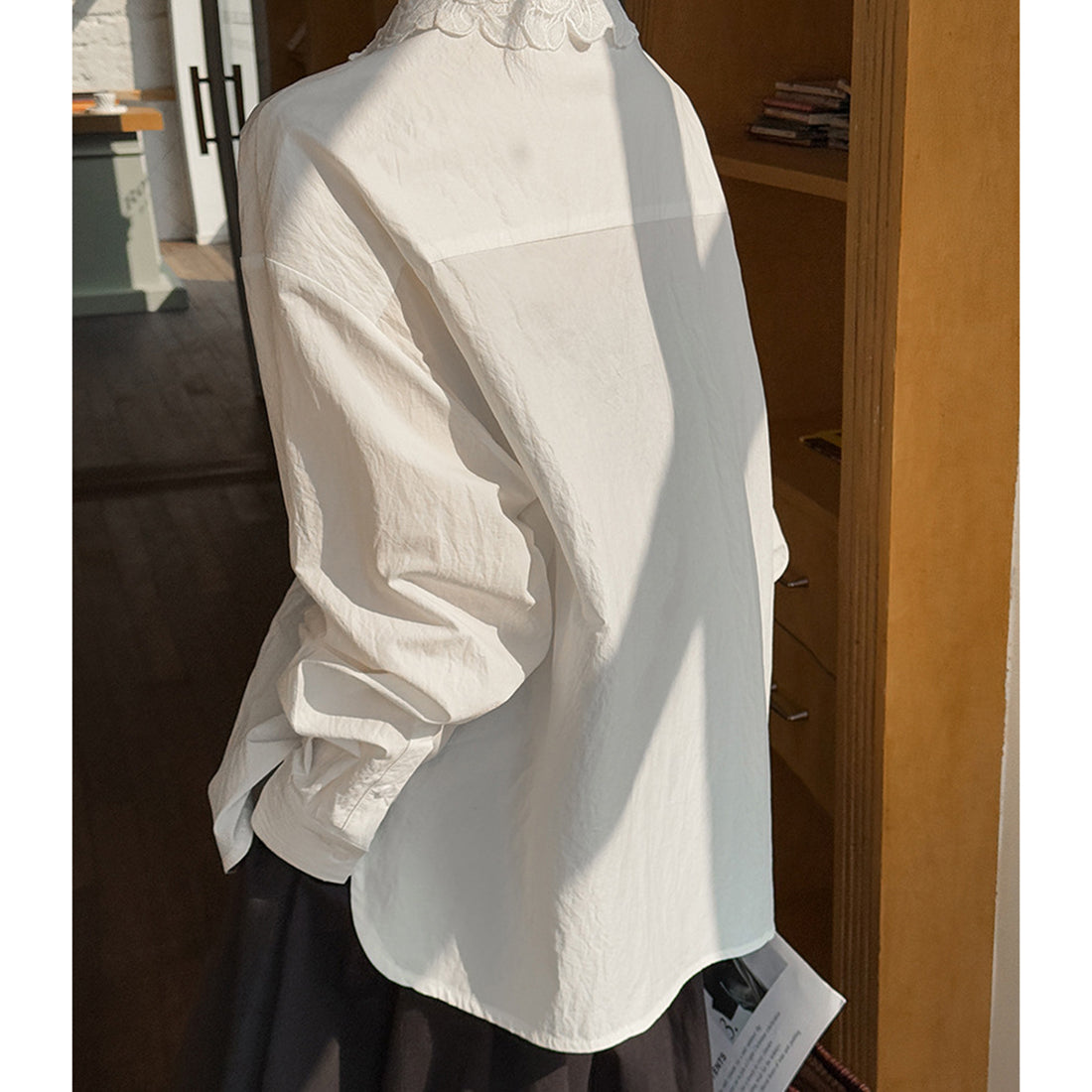 French lace lapel long sleeved button up shirt