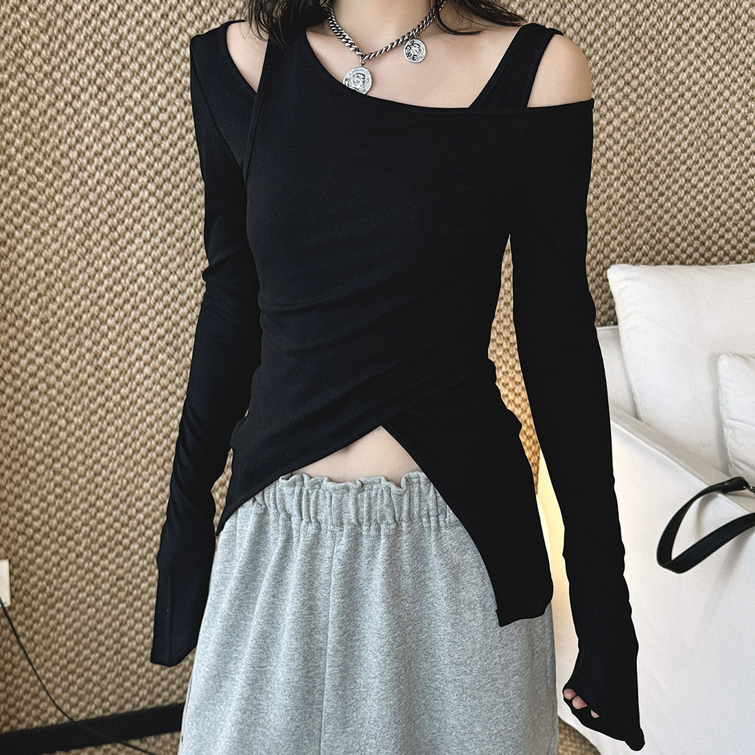 Women’s Asymmetric Cold Shoulder Long Sleeve Top