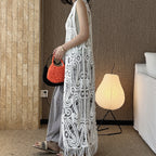 sleeveless long vest lace knit cardigan v neck button down hollow out lightweight layering top