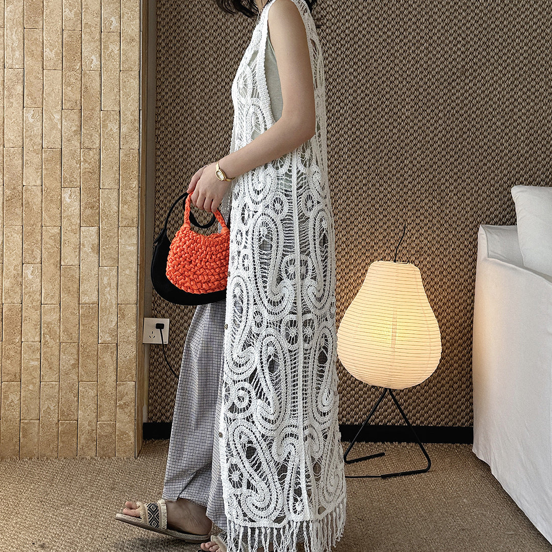 sleeveless long vest lace knit cardigan v neck button down hollow out lightweight layering top