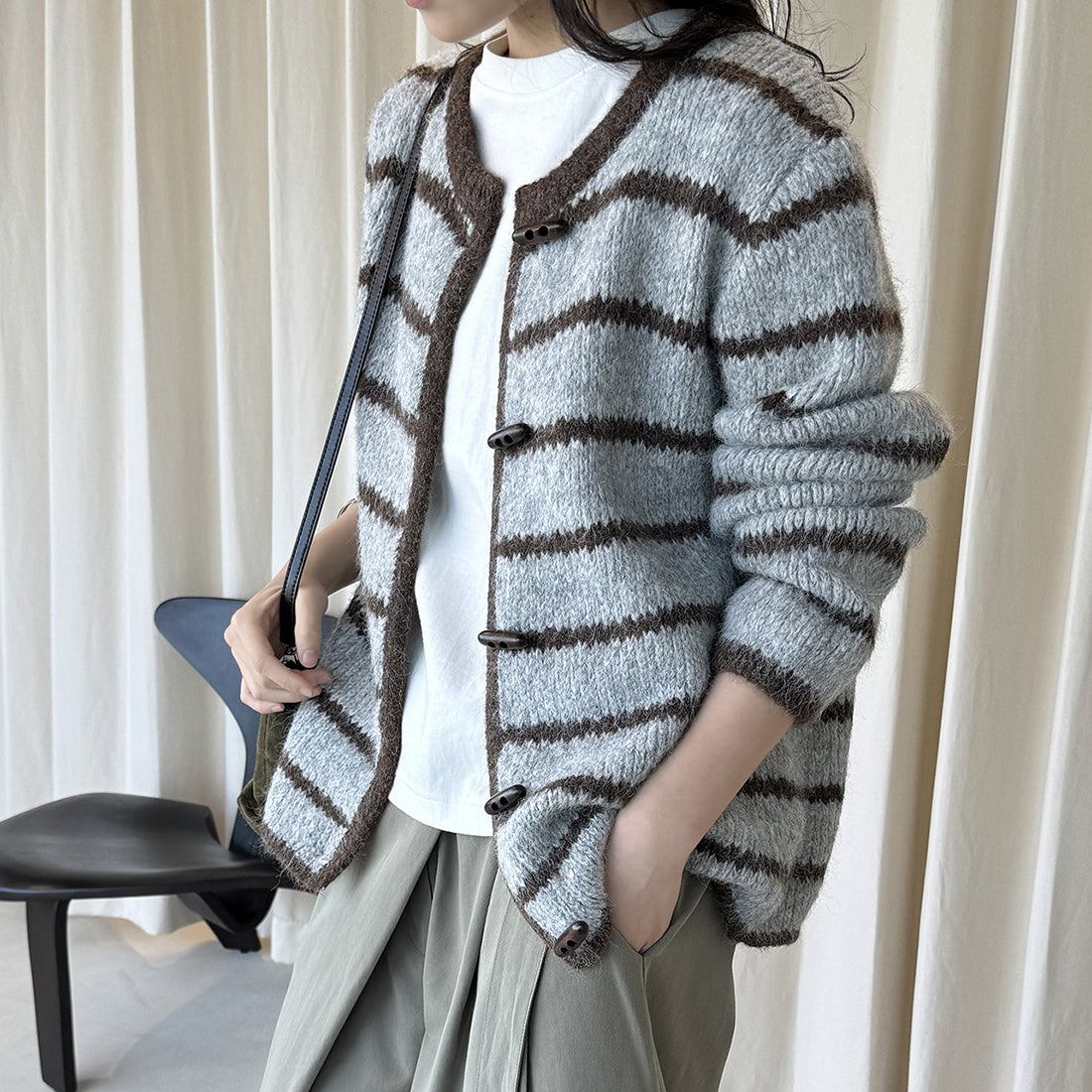 Retro striped horn button plush knitted cardigan top