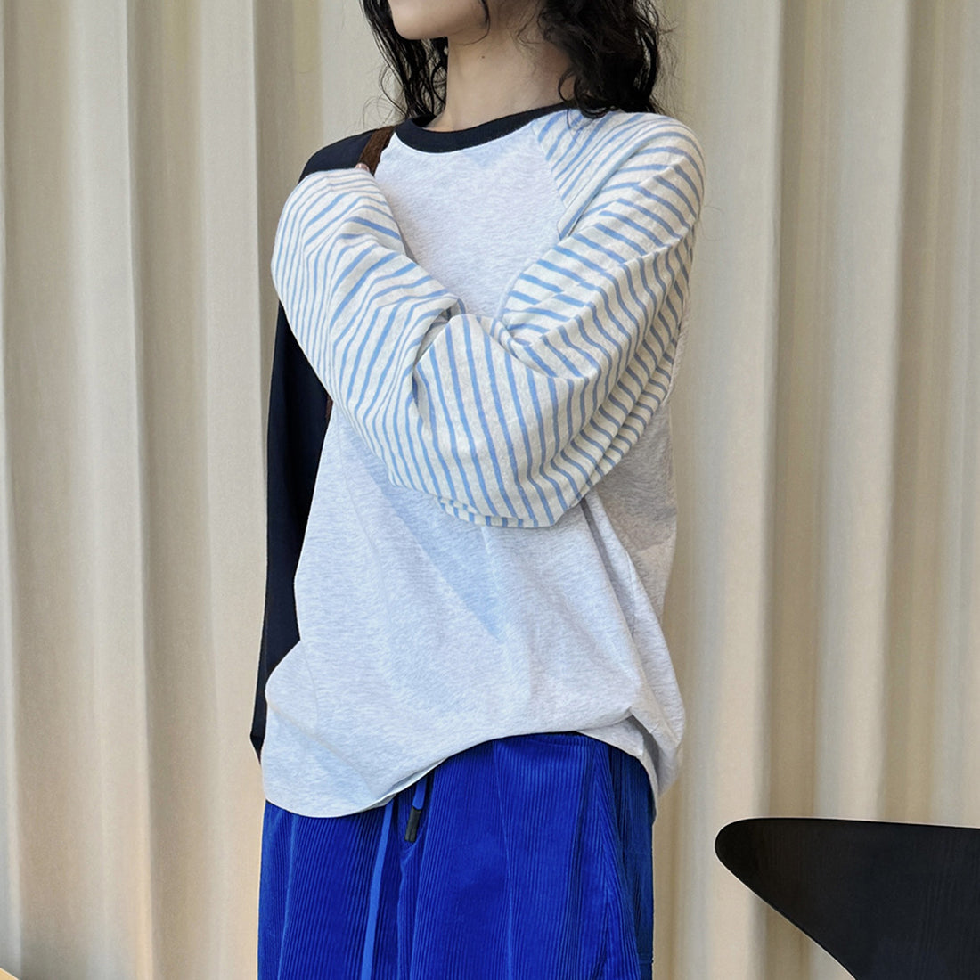 Color blocking striped patchwork round neck loose T-shirt top