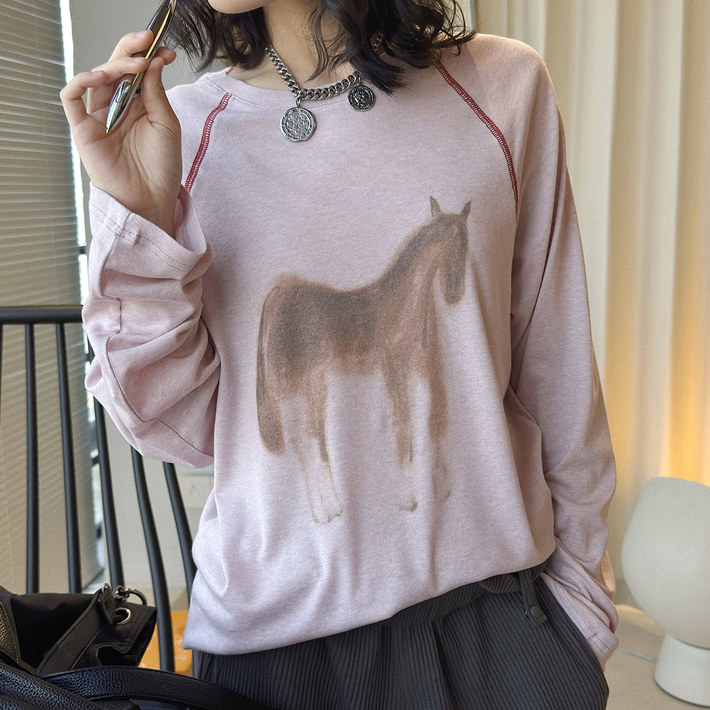 Printed open thread raglan sleeves long sleeved loose T-shirt top