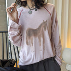 Printed open thread raglan sleeves long sleeved loose T-shirt top