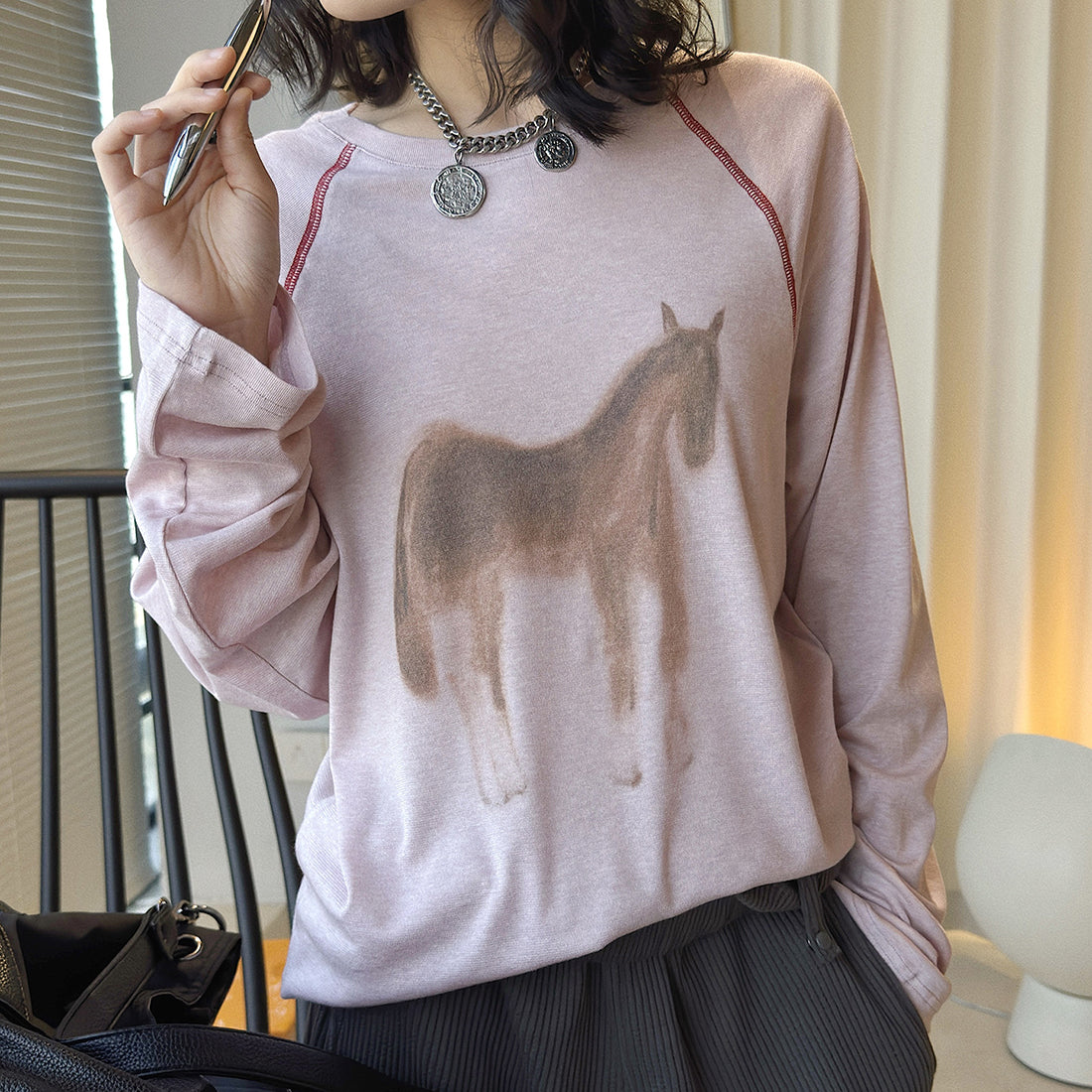 Printed open thread raglan sleeves long sleeved loose T-shirt top
