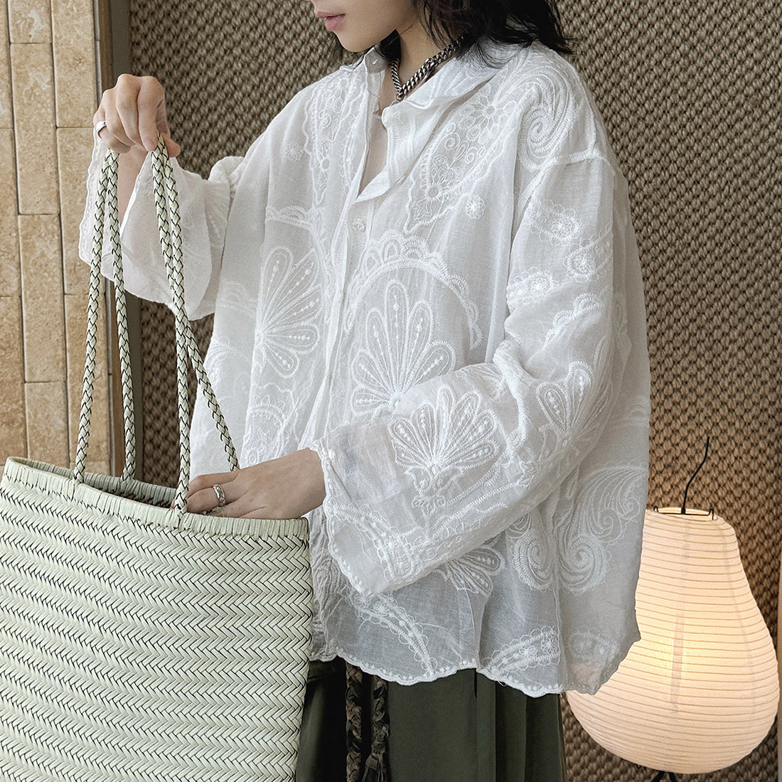 embroidered sheer shirt loose fit long sleeve button down lightweight cotton blouse