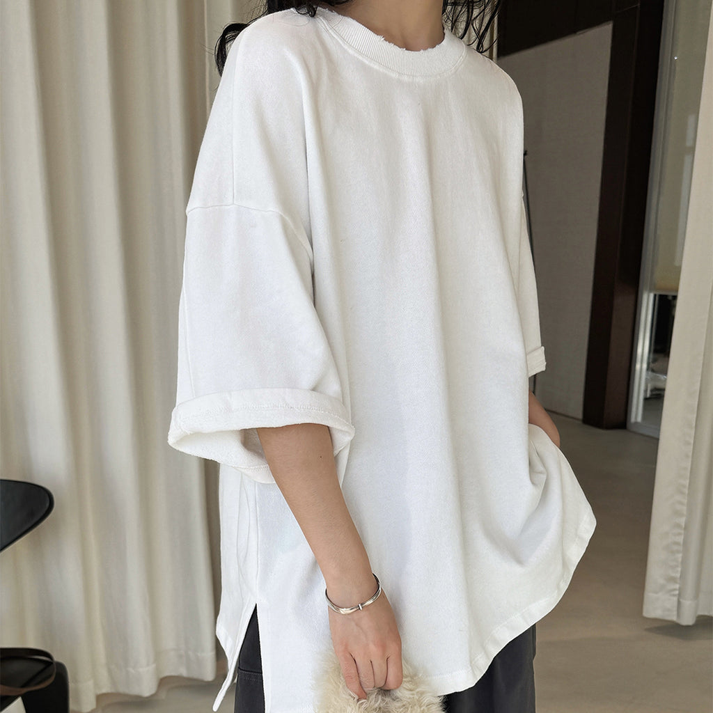 Round neck off shoulder oversized fleece T-shirt short sleeved loose fit top