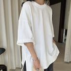Round neck off shoulder oversized fleece T-shirt short sleeved loose fit top