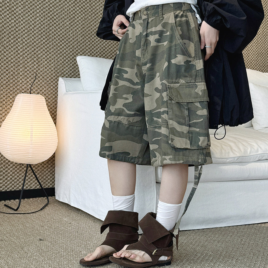 High Waist Camouflage Cargo Shorts Women Vintage Loose Fit Utility Bermuda Shorts