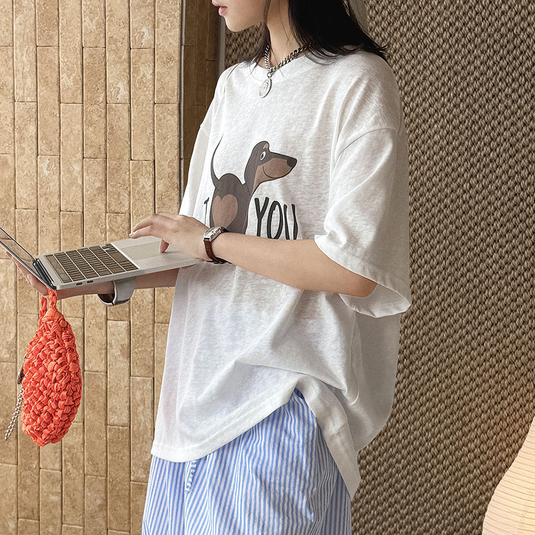 Round neck sausage dog letter printed short sleeve T-shirt top