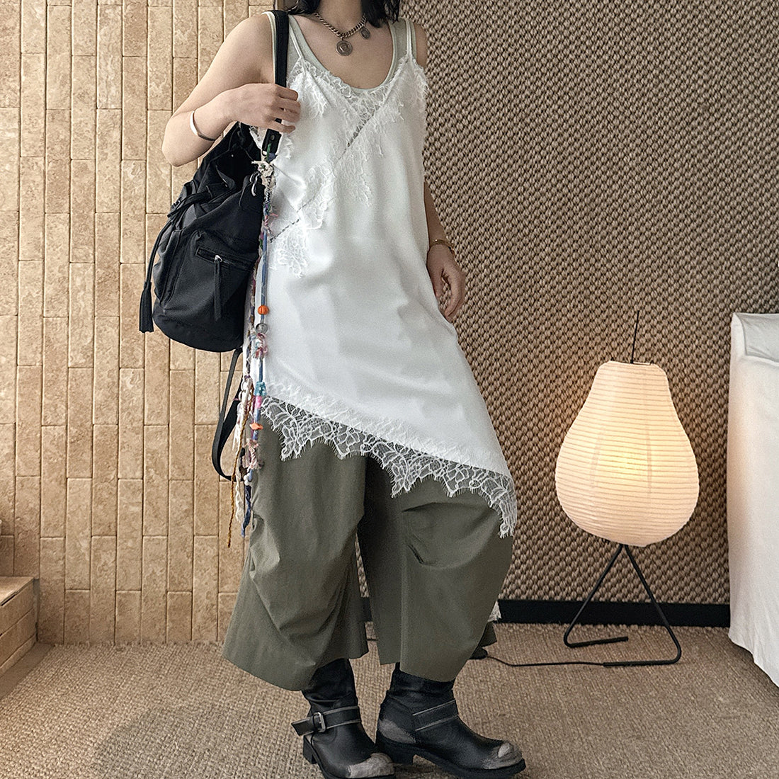 V-neck lace slimming base strap asymmetrical hem top