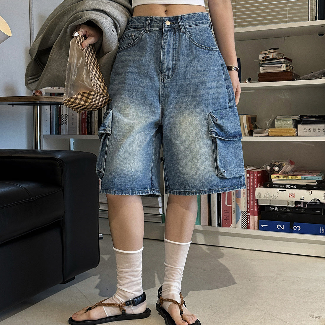 cargo denim bermuda shorts high waist loose fit wide leg washed jeans