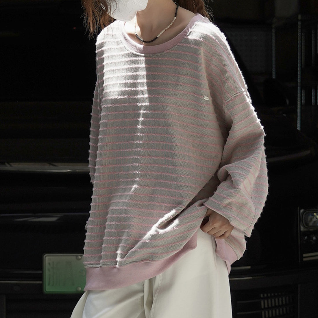 Lazy retro contrasting colors and stripes long sleeves sweatshirt