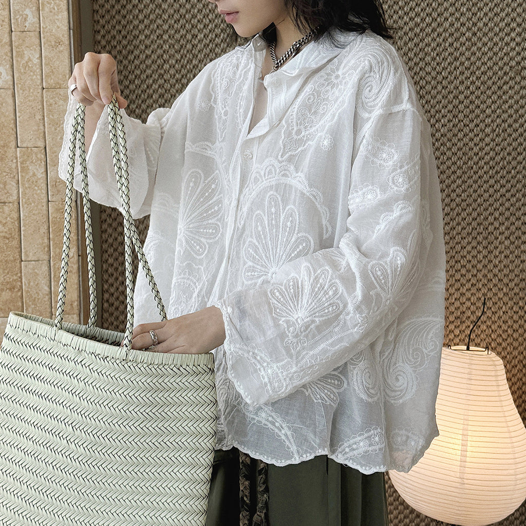 White embroidered cotton blouse loose long sleeve sheer lace shirt women